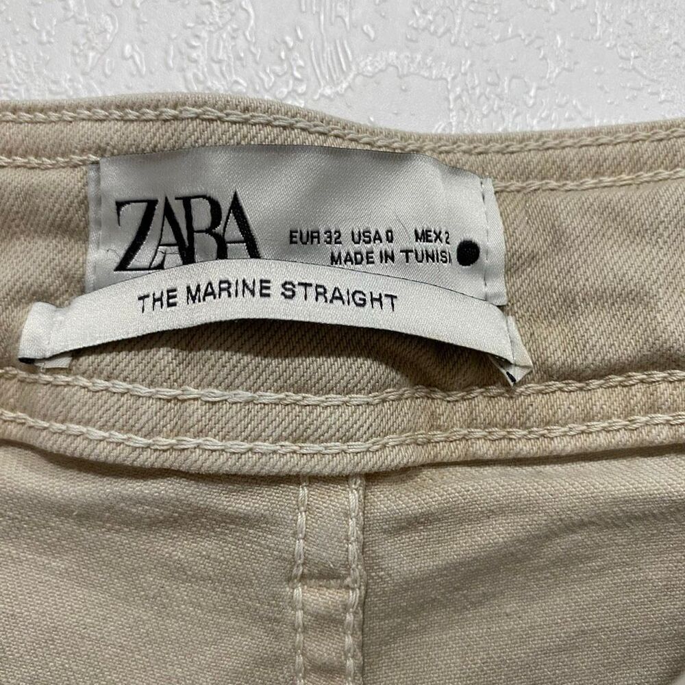 Zara Marine Straight Beige Wide Leg Jeans Frayed Hem US 0 - Picture 4 of 9